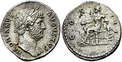 RÖMER RÖMISCHE KAISERZEIT. Hadrian, 117 - 138 n. Chr. Denar ø 18mm (3,23g). 124 - 125 n. Chr. Mzst. Rom. Vs.: HADRIANVS AVGVSTVS, Kopf mit Lorbeerkranz u. Gewand auf l. Schulter n. r. Rs.: COS III, Co