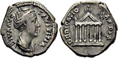 RÖMER RÖMISCHE KAISERZEIT. Diva Faustina maior, ab 140 n. Chr. Denar ø 18mm (3,48g). nach 141 n. Chr., geprägt unter Antoninus Pius. Mzst. Rom. Vs.: DIVA AVG FAVSTINA, drapierte Büste n.r. Rs.: DEDICA