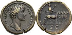 RÖMER RÖMISCHE KAISERZEIT. Marcus Aurelius als Caesar, 139 - 161 n. Chr. AE Sesterz ø 33mm (29,17g). 145 n.Chr. Mzst. Rom. Vs.: AVRELIVS CAESAR AVG P II F COS II, Kopf mit Gewand auf l. Schulter n.r. 