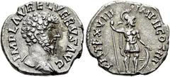 RÖMER RÖMISCHE KAISERZEIT. Lucius Verus, 161 - 169 n. Chr. Denar ø 17mm (2,99g). Mzst. Rom. Vs.: IMP L AVREL VERVS AVG, Kopf n.r. Rs.: PM TP (sic!) XVIII IMP II COS III, Mars steht mit Lanze auf Schil