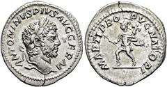 RÖMER RÖMISCHE KAISERZEIT. Caracalla, 197 - 217 n. Chr. Denar ø 19mm (2,86g). 213 n. Chr. Mzst. Rom. Vs.: ANTONINVS PIVS AVG GERM, Kopf mit Lorbeerkranz n. r. Rs.: MARTI PRO-PVGNATORI, Mars mit Tropae
