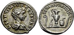 RÖMER RÖMISCHE KAISERZEIT. Geta als Caesar, 197 - 209 n. Chr. Denar ø 18mm (3,69g). 199 n. Chr. Mzst. Rom. Vs.: L SEPTIMIVS GETA CAES, drapierte Büste n. r. Rs.: SEVERI P II AVG FIL, Lituus, Culullus,
