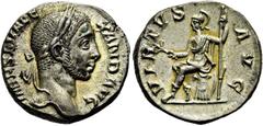 RÖMER RÖMISCHE KAISERZEIT. Severus Alexander, 222 - 235 n. Chr. Denar ø 17mm (3,73g). 230 n. Chr. Mzst. Rom. Vs.: IMP SEV ALE-XAND AVG, Kopf mit Lorbeerkranz n. r. Rs.: VIRTVS AVG, Virtus mit Zweig u.