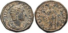 RÖMER RÖMISCHE KAISERZEIT. Iulia Mamaea, 222 - 235 n. Chr. AE Dupondius ø 25mm (13,82g). 228 n.Chr. Mzst. Rom. Vs.: IVLIA MAMA-EA AVGVSTA, drapierte Büste mit Stephane n. r. auf Mondsichel. Rs.: FELIC