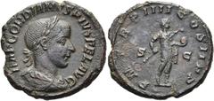 RÖMER RÖMISCHE KAISERZEIT. Gordian III., 238 - 244 n. Chr. AE As ø 26mm (8,92g). 241 - 243 n.Chr. Mzst. Rom. Vs.: IMP GORDIANVS PIVS FEL AVG, drapierte Büste mit Lorbeerkranz n.r. Rs.: P M TR P IIII C