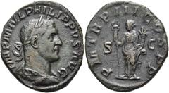 RÖMER RÖMISCHE KAISERZEIT. Philipp I. Arabs, 244 - 249 n. Chr. AE Sesterz ø 30mm (16,06g). 246 n. Chr. Mzst. Rom. Vs.: IMP M IVL PHILIPPVS AVG, drapierte Büste mit Lorbeerkranz n. r. Rs.: P M TR P III