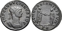 RÖMER RÖMISCHE KAISERZEIT. Aurelian, 270 - 275 n. Chr. Antoninian ø 21mm (4,01g). Frühjahr 274 n. Chr. Mzst. Siscia. Vs.: IMP C AVRELIANVS AVG, Panzerbüste mit Strahlenkrone n. r. Rs.: CONCORDIA MILIT