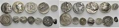 LOTS DER ANTIKE Griechische Silbermünzen. 2. Jh. v. Chr. - 7.Jh.n.Chr. Tetradrachmen Thasos (2), Aesillas (1) und Athen Neuer Stil. Drachmen Parther (2) und Sasaniden (2), Dyrrachium (3). 12 Stück! s-