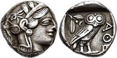 GRIECHEN ATTIKA. ATHEN. Tetradrachme (16,96g). 454 - 404 v. Chr. Vs.: Kopf der Athena mit verziertem u. bekränztem attischen Helm n. r. Rs.: ΑΘΕ, Eule n. r. stehend, Kopf in Vorderansicht, im Feld l. 