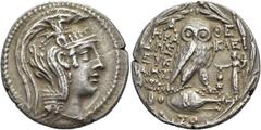 GRIECHEN ATTIKA. ATHEN. Tetradrachme des Neuen Stils (16,28g). 106/5 und 104/3 v. Chr. Magistrate Herakleides, Eukles u. Askle(...). Vs.: Kopf der Athena Parthenos mit dreibuschigem, reich verziertem 