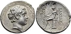 GRIECHEN NÖRDLICHE LEVANTE. SELEUKIDEN. Antiochos, Sohn des Seleukos IV., 175 v. Chr. Tetradrachme (16,89g). Vs.: Kopf mit Diadem n. r. Rs.: ΒΑΣΙΛΕΩΣ ΑΝΤΙΟΧΟΥ, Apoll sitz n. l. auf dem Omphalos mit ei