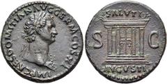 RÖMER RÖMISCHE KAISERZEIT. Domitian, 81 - 96 n. Chr. AE As (11,39g). 85 n. Chr. Mzst. Rom. Vs.: IMP CAES DOMITIAN AVG GERM COS XI, Kopf mit Lorbeerkranz u. Aegis n. r. Rs.: SALVTI AVGVST / S C, Altar.