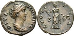 RÖMER RÖMISCHE KAISERZEIT. Diva Faustina maior, ab 140 n. Chr. AE As (9,33g). Geprägt unter Marc Aurel. Mzst. Rom. Vs.: DIVA FAVSTINA, drapierte Büste n. r. Rs.: AVGV-ST-A / S - C, Ceres steht mit Fac