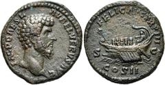 RÖMER RÖMISCHE KAISERZEIT. Lucius Verus, 161 - 169 n. Chr. AE As (10,72g). 163 n. Chr. Mzst. Rom. Vs.: IMP CAES L AVREL VERVS AG, Kopf n. r. Rs.: FELIC AVG TR P III / S - C / COS II, Schiff mit Steuer