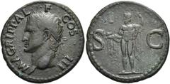 RÖMER RÖMISCHE KAISERZEIT. Agrippa, 64/3 - 12 v. Chr. AE As ø 29mm (11,12g). Geprägt unter Caligula, 37 - 41 n. Chr. Mzst. Rom. Vs.: M AGRIPPA L F COS III, Kopf mit corona rostrata n. l. Rs.: S - C, N