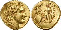GRIECHEN THRAKISCHE KÖNIGE UND DYNASTEN 305 - 281 v. Chr. Stater, (8,38 g.), 3./2. Jh. v. Chr. Mzst. unbest. Vs.: Kopf Alexanders d. Gr. mit Diadem und Ammonshorn n. r. Rs.: ΒΑΣΙΛΕΩΣ ΛΥΣΙΜΑΧΟΥ Athena 