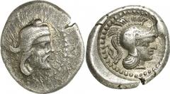 GRIECHEN LYKIEN DYNASTEN Triobol (2,53 g.), 420 / 400 v. Chr. Mzst. unbestimmt. Vs.: Kopf des Dynasten mit persischer Kyrbasia r. Rs.: "d", Kopf der Athena r. mit attischem Helm. Vismara - ; SNG Aul. 