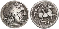 Antike Münzen GRIECHISCHE MÜNZEN. KÖNIGREICH MAKEDONIEN. Philippos II., 359 - 336 v. Chr. Tetradrachme, Amphipolis. Zeuskopf / Siegesreiter, unten Lambda und Fackel, Delphin. SNG ANS 787 ff. 13,48 g f
