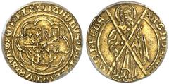 Ausländische Münzen EUROPA. - FLANDERN. Karl, "der Kühne", 1467-1477. Demi Florin d'or de Bourgogne o. J., Brügge. Friedb. 190, Delm. 495 Gold RR ! PCGS AU 53, vz