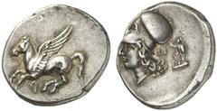 Antike Münzen GRIECHISCHE MÜNZEN KORINTHIA - Korinthos Stater, 386-307 v. Chr. Pegasos / Athenakopf, Beizeichen N und Aresstatue. Ravel 1056 8,52 g ss