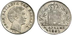 Ausländische Münzen EUROPA GRIECHENLAND - Königreich Otto I. von Bayern, 1832-1862. 1/2 Drachme 1842, Athen. Divo 14c RR ! kl. Rdf., f. vz