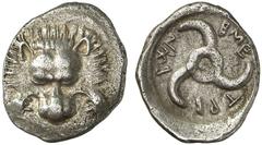 Antike Münzen GRIECHISCHE MÜNZEN LYKIEN Dynast Trbbenimi, 400 - 380 v. Chr.. Diobol. Löwenmaske / Triskeles. SNG v. Aul. - , vgl. 4215 (Tetrobol); BMC 19,34,150 var. 1,52 g ss