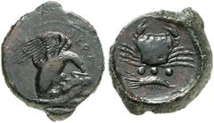 GRIECHISCHE MÜNZEN SIZILIEN - Akragas Tetras, 420-406 v. Chr. Adler greift Hasen / Krabbe, darunter drei Wertkugeln mit Garnele. Calciati 53 f.; SNG Cop. 77 11,39 g schwarzgrüne Patina, ss