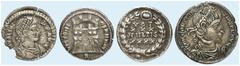 Antike Münzen RÖMISCHE MÜNZEN RÖMISCHE KAISERZEIT Lot Lot von 4 Stück: Spätrömische Silbermünzen. Diocletianus, Argenteus, Rom (Vier Tetrarchen mit Stadtmauer), Constantius II., Siliqua, Trier (Stehen