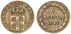 Ausländische Münzen EUROPA GRIECHENLAND - Königreich Otto von Bayern, 1832-1862. 2 Lepta 1842, Athen. Divo 25i ss