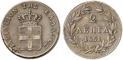 Ausländische Münzen EUROPA GRIECHENLAND Otto I. von Bayern, 1832-1862 2 Lepta 1851, Athen. Divo 28a kl. Sfr., min. Rdf., f. vz