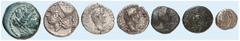 Lots Antiker Münzen Lot von 7 Stück: Korinthos, Stater (Ravel 1084); Kolchis, Hemidrachme; Caesarea, Drachme; Antoninus Pius (2x, Mons Argaios, Syd. 299) sowie Bronzen von Makedonien, Leukas, Syrien. 
