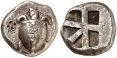 Antike Münzen GRIECHISCHE MÜNZEN. AIGINA. Stater, 550-456 v. Chr. Seeschildkröte / Unregelmäßig geteiltes Quadratum incusum. SNG Cop. 507 12,28 g Wechslermarke, ss+