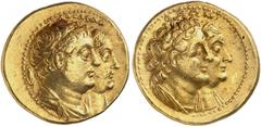 Antike Münzen GRIECHISCHE MÜNZEN. PTOLEMÄERREICH. Ptolemaios II. Philadelphos, 285 - 246 v. Chr. Gold-Oktodrachme, vom gleichen Typ. CPE 313; SNG Cop. 132; Svor. 603 Gold 28,18 g min. dezentriert, ss 