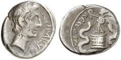 Antike Münzen RÖMISCHE MÜNZEN. RÖMISCHE KAISERZEIT. Augustus, 27 v. Chr. - 14 n. Chr. Quinar. Rev. Nike über Kista mystika, umgeben von zwei Schlangen. RIC 276; BMC 647 1,57 g mit Bestimmungszettel de