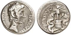 Antike Münzen RÖMISCHE MÜNZEN. RÖMISCHE KAISERZEIT. Augustus, 27 v. Chr. - 14 n. Chr. Quinar, Mzst. in Italien. Rev. Victoria auf Kista Mystika mit Schlangen. RIC 276; BMC 647 1,74 g l. dezentriert, K