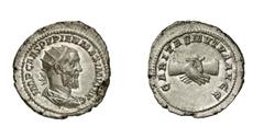 RÖMISCHE MÜNZEN PUPIENUS (238) PUPIENUS (238) Antoninian, 238, Rom. 4.77 g. IMP CAES PVPIEN MAXIMVS AVG. Büste mit Strahlenkrone, Paludament und Panzer rechts. Rs: CARITAS MVTVA AVGG. Zwei Hände im Ha