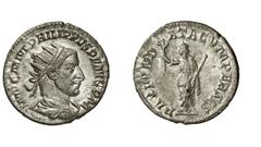 RÖMISCHE MÜNZEN PHILIPPUS I. ARABS (244 - 249) PHILIPPUS I. ARABS (244 - 249) Antoninian, 244 - 245, Antiochia. 4.06 g. IMP C M IVL PHILIPPVS P F AVG P M. Büste mit Strahlenkrone, Paludament und Panze