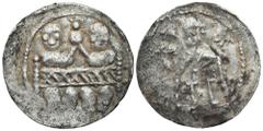 Medieval coins 607 Bolesław IV Kędzierzawy (1146-1173). Denar AW: Rycerz z tarczą i proporcem RW: Dwaj książęta siedzący za stołem Denar z wymowną symboliką przedstawiająca zgodę dwóch braci siedzącyc