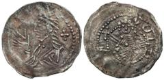Medieval coins 607 Wielkopolska. Przemysł I (1247-1257). Denar Poznan / Posen - RARE AW: Książę na tronie, na wprost, z mieczem w dłoni. W otoku: VOLDSIT RW: Popiersie w lewo z uniesionymi dłońmi Bard