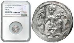 COLLECTION Medieval coins POLSKA / POLAND / POLEN / POLOGNE / POLSKO Bolesław IV Kędzierzawy (1146-1173). Denar (Denarius) NGC MS62 AW: Rycerz z tarczą i proporcem. RW: Dwaj książęta siedzący za stołe