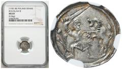 Medieval Coins - Poland POLSKA / POLAND / POLEN / POLOGNE / POLSKO Władysław II Wygnaniec (1138-1146). Denar - Walka z lwem NGC MS64 (2MAX) - WYŚMIENITY AW: Książę z mieczem na tronie, obok giermek RW
