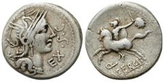 Ancient Coins - Roman Republic RÖMISCHEN REPUBLIK / GRIECHISCHE MÜNZEN / BYZANZ / ANTIK / ANCIENT / ROME / GREECE Roman Republic, Denar M. Sergius Silus., 116 - 115 BC, Rome Patyna, obiegowy egzemplar