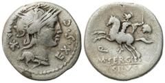 Ancient Coins - Roman Republic RÖMISCHEN REPUBLIK / GRIECHISCHE MÜNZEN / BYZANZ / ANTIK / ANCIENT / ROME / GREECE Roman Republic, Denar M. Sergius Silus., 116 - 115 BC, Rome Patyna, obiegowy egzemplar