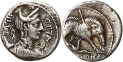 Ancient coins: Roman Republic (Rome) RÖMISCHEN REPUBLIK / GRIECHISCHE MÜNZEN / BYZANZ / ANTIK / ANCIENT / ROME / GREECE / RÖMISCHEN KAISERZEIT / CELTISHE / BIBLISHE Roman Republic, Denar, C. Hosidius 