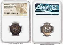 Ancients Greek CORINTHIA. Corinth. Ca. 400-380 BC. AR stater (22mm, 8.47 gm, 4h). NGC XF 4/5 - 3/5. Ca. 405-345 BC. Pegasus with pointed wing flying right; Ϙ below / Head of Athena left, wearing Corin