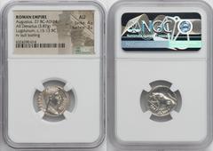 Ancients Roman Imperial Augustus (27 BC-AD 14). AR denarius (18mm, 3.87 gm, 2h). NGC AU 4/5 - 3/5. Lugdunum, ca. 15-13 BC. AVGVSTVS-DIVI•F, bare head of Augustus right / IMP•X, bull charging right, he