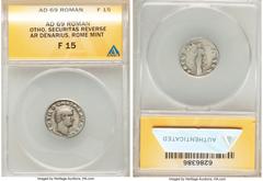Ancients Roman Imperial Otho (January-April AD 69). AR denarius (19mm, 6h). ANACS Fine 15. Rome. IMP OTHO CAESAR AVG TR P, bare, bewigged head of Otho right / SECV-RI-TAS P R, Securitas, draped, stand