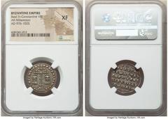 Ancients Byzantine Basil II Bulgaroctonos (AD 976-1025), and Constantine VIII. AR miliaresion (21mm, 1h). NGC XF. Constantinople, AD 977-989. Єn tOVtΩ NICAt'-bASILЄIC CΩhSt', cross-crosslet, x in cent