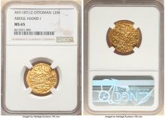 Islamic Dynasties Ottoman Empire Ottoman Empire. Abdul Hamid I gold Zeri Mahbub AH 1187 Year 2 (AD 1774/1775) MS65 NGC, Misr mint (in Egypt), KM127. HID05401242017 © 2022 Heritage Auctions | All Right