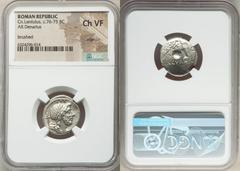 Ancients Roman Republic Cn. Lentulus (ca. 76-75 BC). AR denarius (20mm, 6h). NGC Choice VF, edge cut, brushed. Uncertain mint in Spain. G•P•R, diademed and draped bust of bearded Genius Populi Romani 
